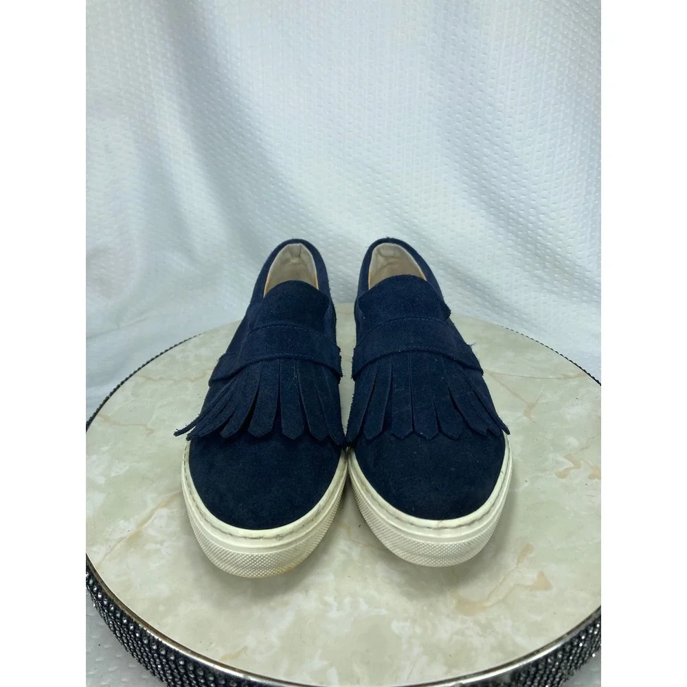 Anthropologie Suede Kiltie Fringe Slip On Loafers Womens 40 Navy Low Top Shoes